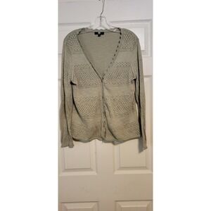 Frye Sage Green Pointelle Knit Scalloped Cotton Cardigan Sweater Large